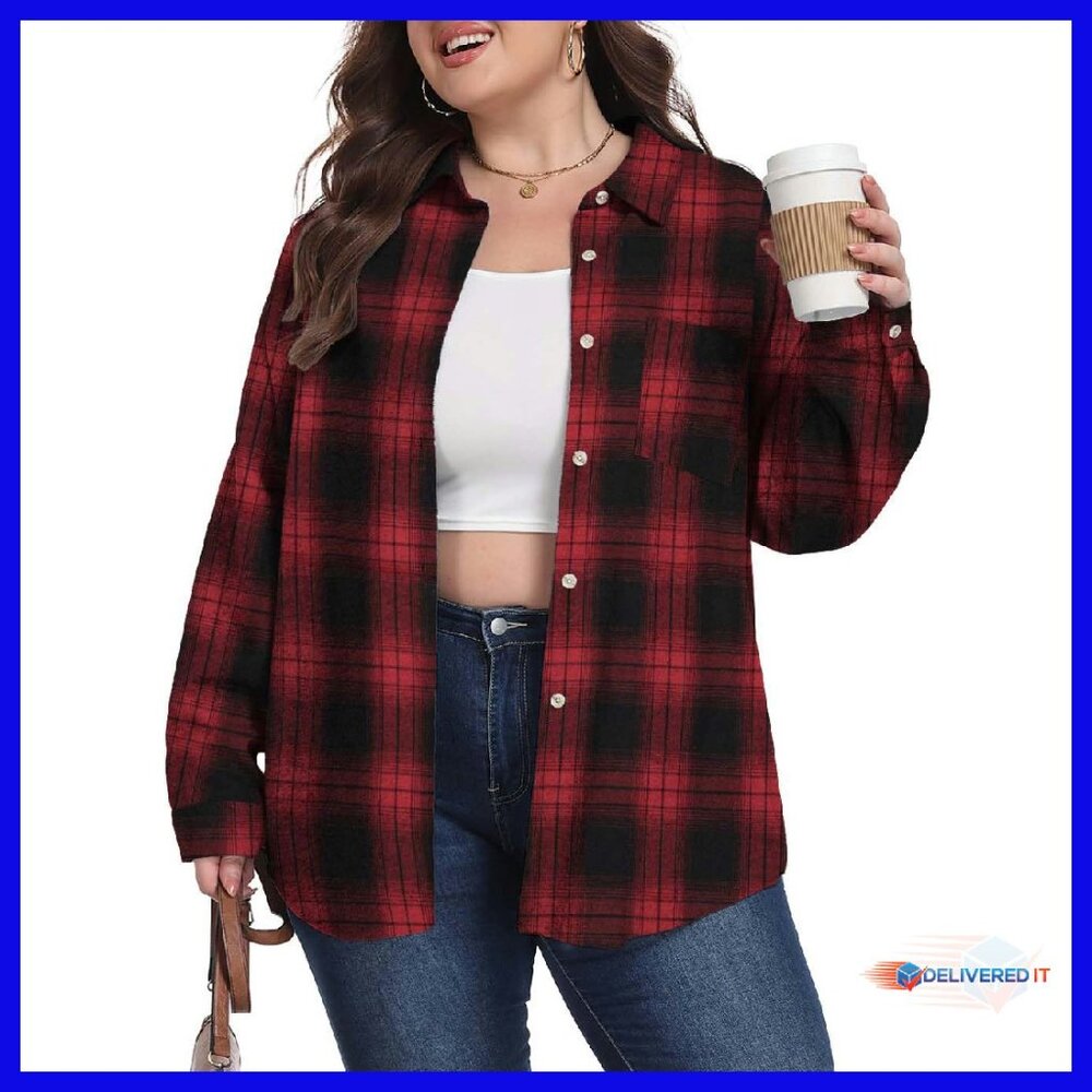 Plus Size Flannel Shacket Button Down Blouse Ligh… - image 1